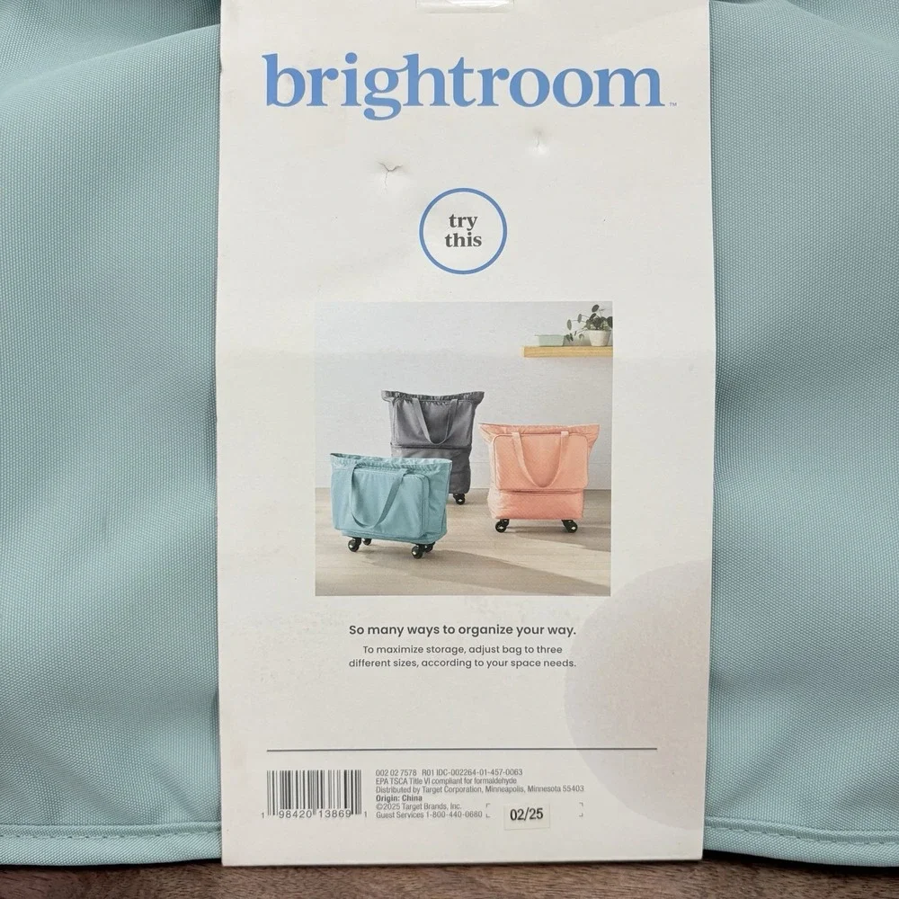 NEW Brightroom Rolling Tote Bag Wheels Aqua Collapsible Expandable Pockets